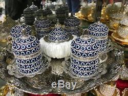28 Pc Handmade Turkish Arabic Coffee Cup Saucer EVIL EYE Decorated Crystal Set