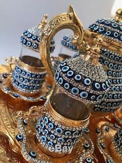 28 Pc Turkish Arabic GLASS TEA Cup Saucer TEAPOT EVIL EYE Decorated Crystal Set