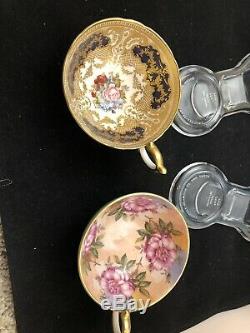 2 Aynsley Bailey Cabbage Rose Gold Filigree Cup & Saucer
