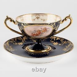 2 ½ Footed Cup & Saucer, Cobalt & Gold with Hand Painted Putti, Ambrosius Lamm W