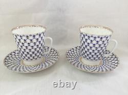 2 Lomonosov Imperial Porcelain Cobalt & Gold Net Coffee Espresso Cups & Saucers