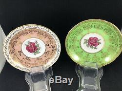 2 Paragon Floating Rose Peach Green Gold Filigree Cup & Saucer