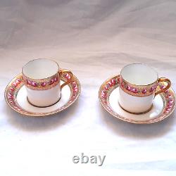 2 Paragon Star Coffee Cans Cup and Saucers Gilded and Hand Painted Roses c1904