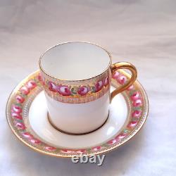 2 Paragon Star Coffee Cans Cup and Saucers Gilded and Hand Painted Roses c1904