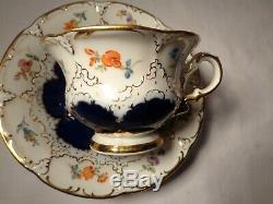 2 Pc Meissen Porcelain B Form HP Floral Cobalt Blue Gold Demi Cup & Saucer Nr