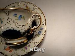 2 Pc Meissen Porcelain B Form HP Floral Cobalt Blue Gold Demi Cup & Saucer Nr