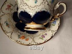 2 Pc Meissen Porcelain B Form HP Floral Cobalt Blue Gold Demi Cup & Saucer Nr