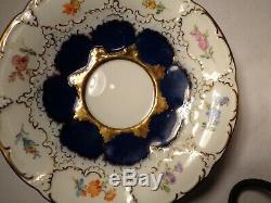 2 Pc Meissen Porcelain B Form HP Floral Cobalt Blue Gold Demi Cup & Saucer Nr