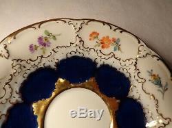 2 Pc Meissen Porcelain B Form HP Floral Cobalt Blue Gold Demi Cup & Saucer Nr