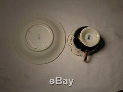 2 Pc Meissen Porcelain B Form HP Floral Cobalt Blue Gold Demi Cup & Saucer Nr