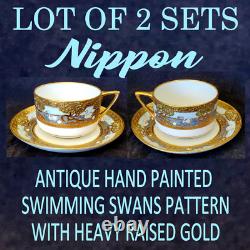 2 Sets Nippon Teacups & Saucers Lot Swans Moriage Heavy Raised Gold Enamel