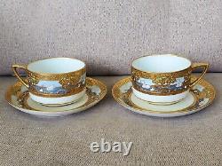 2 Sets Nippon Teacups & Saucers Lot Swans Moriage Heavy Raised Gold Enamel