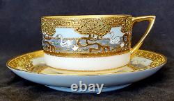 2 Sets Nippon Teacups & Saucers Lot Swans Moriage Heavy Raised Gold Enamel