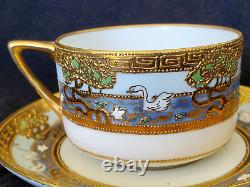 2 Sets Nippon Teacups & Saucers Lot Swans Moriage Heavy Raised Gold Enamel