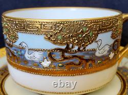 2 Sets Nippon Teacups & Saucers Lot Swans Moriage Heavy Raised Gold Enamel