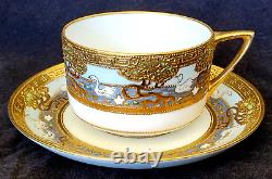 2 Sets Nippon Teacups & Saucers Lot Swans Moriage Heavy Raised Gold Enamel