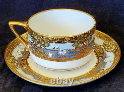 2 Sets Nippon Teacups & Saucers Lot Swans Moriage Heavy Raised Gold Enamel