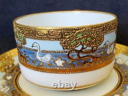 2 Sets Nippon Teacups & Saucers Lot Swans Moriage Heavy Raised Gold Enamel