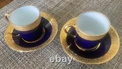 2 Sets Vintage Limoges Cobalt Blue & Gold Porcelain Demitasse Cups & Saucers VGC