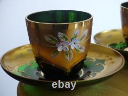 2 VINTAGES GREEN ESPRESSO CUPS + SAUCERS GLASSES MURANO VENETIAN ITALY 24k Gold