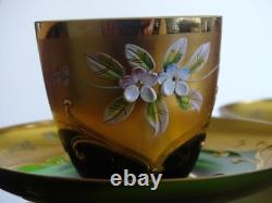 2 VINTAGES GREEN ESPRESSO CUPS + SAUCERS GLASSES MURANO VENETIAN ITALY 24k Gold
