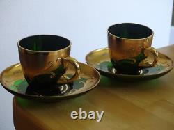 2 VINTAGES GREEN ESPRESSO CUPS + SAUCERS GLASSES MURANO VENETIAN ITALY 24k Gold