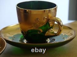 2 VINTAGES GREEN ESPRESSO CUPS + SAUCERS GLASSES MURANO VENETIAN ITALY 24k Gold