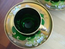 2 VINTAGES GREEN ESPRESSO CUPS + SAUCERS GLASSES MURANO VENETIAN ITALY 24k Gold