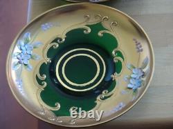 2 VINTAGES GREEN ESPRESSO CUPS + SAUCERS GLASSES MURANO VENETIAN ITALY 24k Gold