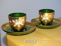 2 VINTAGES GREEN ESPRESSO CUPS + SAUCERS GLASSES MURANO VENETIAN ITALY 24k Gold