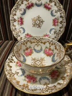 2 X Antique Cauldon Tea Cup Saucer Plate Trio, Roses, Gold Gilt Detail