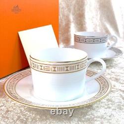 2 x Hermes Paris Tea Cup Saucer Egee Soleil & Luna White French Porcelain withCase