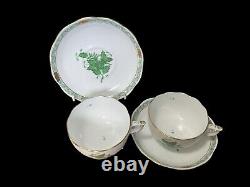2x Herend Hungary Apponyi Chinese Bouquet Green Gold Canton Tea Cups & Saucers