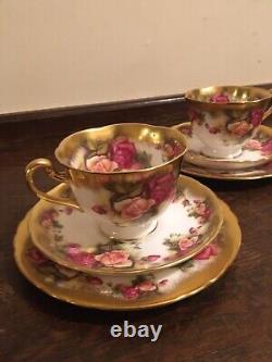2x Royal Chelsea Golden Rose Fine Bone China Tea Cup Saucer and Plate Trios