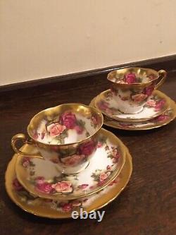 2x Royal Chelsea Golden Rose Fine Bone China Tea Cup Saucer and Plate Trios