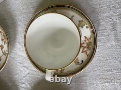 2x Wedgwood Oberon Tea Cups & Saucers pale sage green border, floral vines, gold