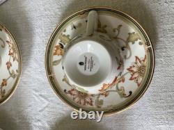 2x Wedgwood Oberon Tea Cups & Saucers pale sage green border, floral vines, gold