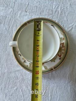 2x Wedgwood Oberon Tea Cups & Saucers pale sage green border, floral vines, gold