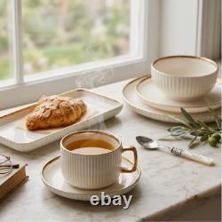 32Pc Luxury White Gold Dinnerware Set Porcelain Plates Bowls Cups Serving Tray