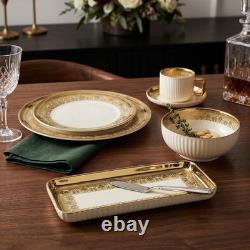 32-Piece Luxury Porcelain Dinnerware Set White Gold Rim Plates Bowls Cups Tray