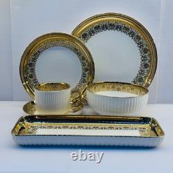 32-Piece Luxury Porcelain Dinnerware Set White Gold Rim Plates Bowls Cups Tray
