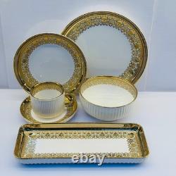 32-Piece Luxury Porcelain Dinnerware Set White Gold Rim Plates Bowls Cups Tray