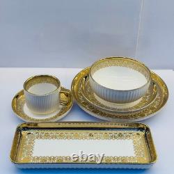 32-Piece Luxury Porcelain Dinnerware Set White Gold Rim Plates Bowls Cups Tray