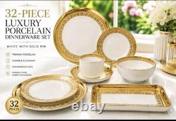 32-Piece Porcelain Dinner Set White/Gold Filigree Rim Round Plates Bowls Cups