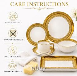 32-Piece Porcelain Dinner Set White/Gold Filigree Rim Round Plates Bowls Cups