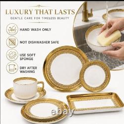 32-Piece Porcelain Dinner Set White/Gold Filigree Rim Round Plates Bowls Cups