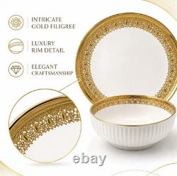 32-Piece Porcelain Dinner Set White/Gold Filigree Rim Round Plates Bowls Cups
