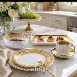 32-Piece Porcelain Dinner Set White/Gold Filigree Rim Round Plates Bowls Cups