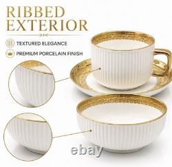 32-Piece Porcelain Dinner Set White/Gold Filigree Rim Round Plates Bowls Cups