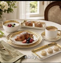 32-Piece Porcelain Dinner Set White/Gold Filigree Rim Round Plates Bowls Cups